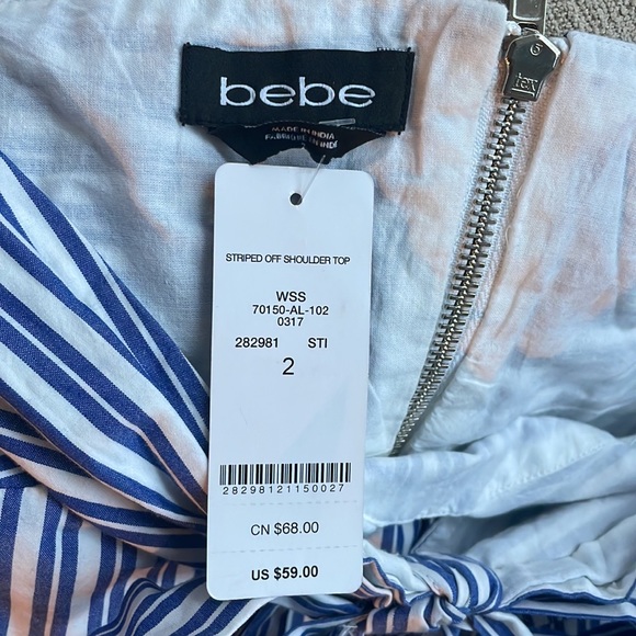 NWT Bebe Off Shoulder Striped Peplum Top, Size 2 - Picture 5 of 5